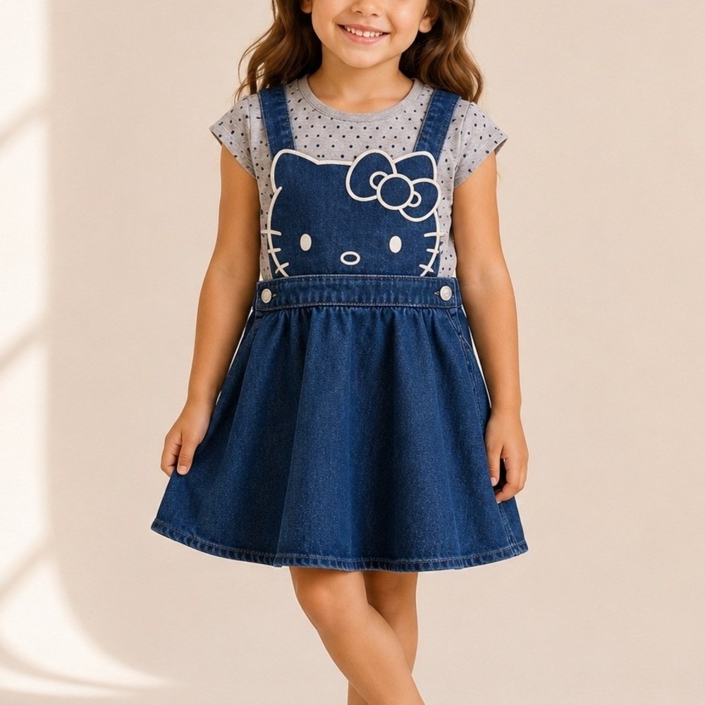 Hello Kitty Sanrio Denim 2 Piece Dress Set Embroidered Blue Grey Polka Dot 5 EUC